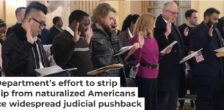 Dozens of immigrants from 18 nations take the oath to become U.S. citizens on Jan. 27, 2025, in Topeka, Kan. AP Photo/John Hanna